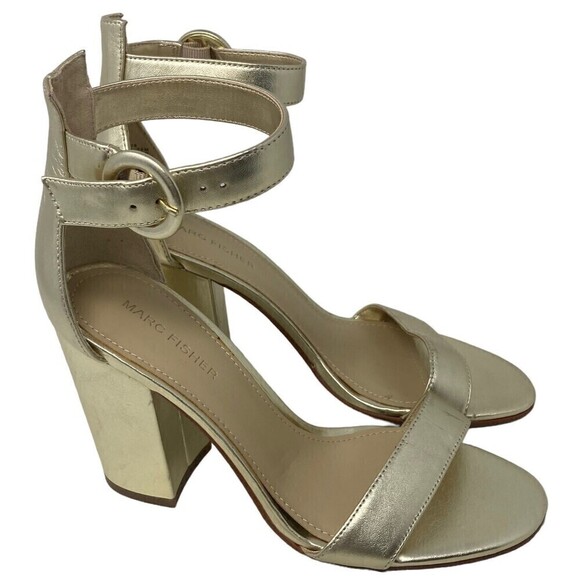 NEW Marc Fisher Magali Heel Size 7.5 M Suede Open Toe Shoe Ankle Strap Gold - Picture 1 of 8